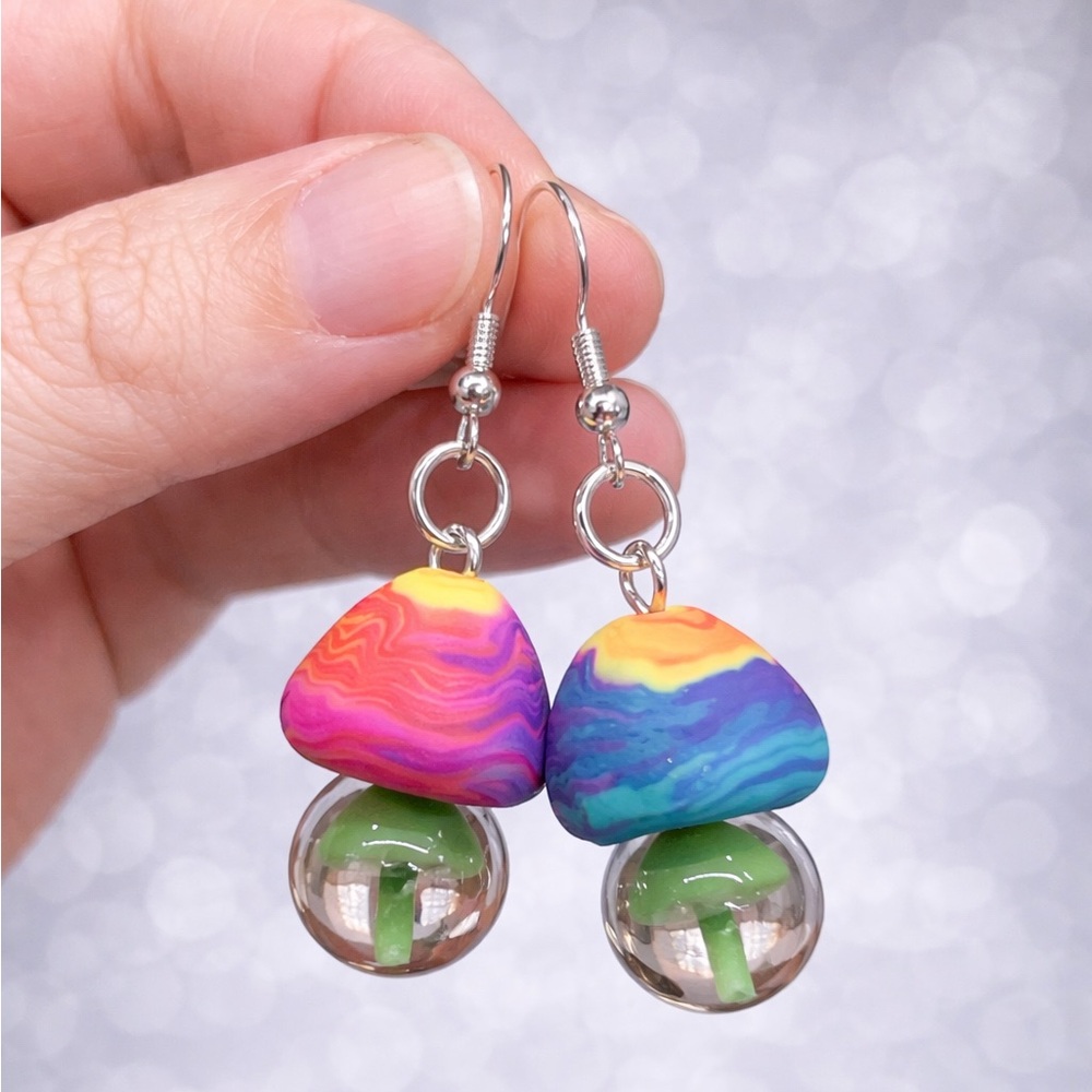 Handmade Rainbow Mushroom Drop Earrings in Multicolor and Green